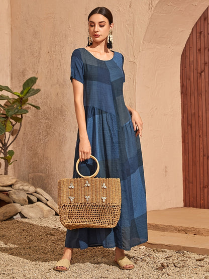 Loose Color Block Crew Neck Short Sleeve Vacation Casual Every Day Dress