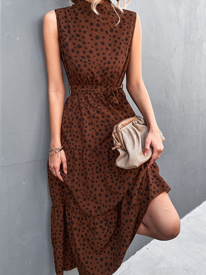 Elegant Lace Up Midi Dress Dot Tie Print Sleeveless High Neck Belt Waist Summer Maxi Dresses