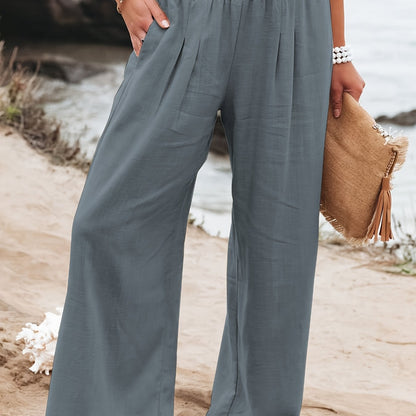 Solid Elastic Long Length Loose Vacation Casual Wide Leg Pants For Spring Summer