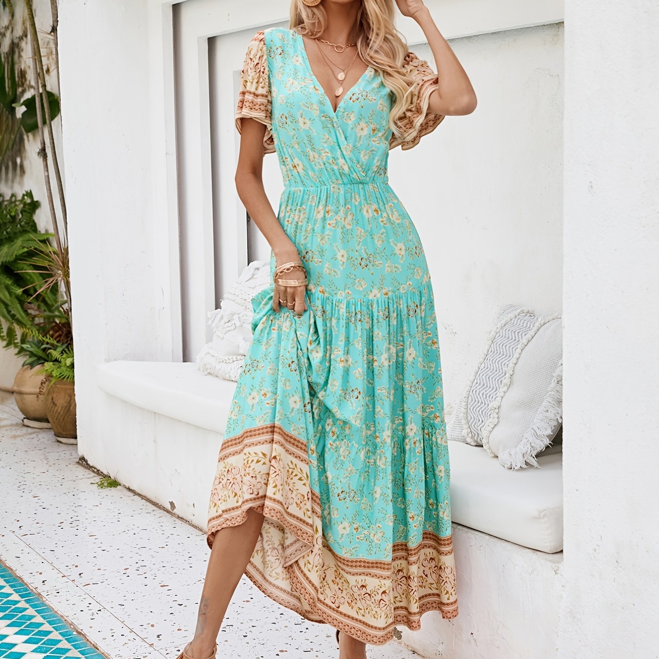 Floral Print V Neck Stitching Short Sleeve Casual Ruffled Hem Tunic Dress