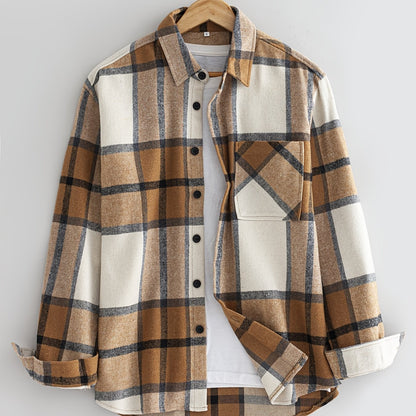 Men's Flannel Plaid Lapel Button Short Pocketed Shirts