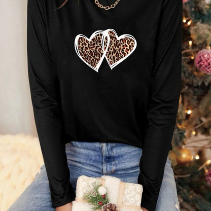Leopard Heart Print Solid Crew Neck Long Sleeve Casual Every Day Top