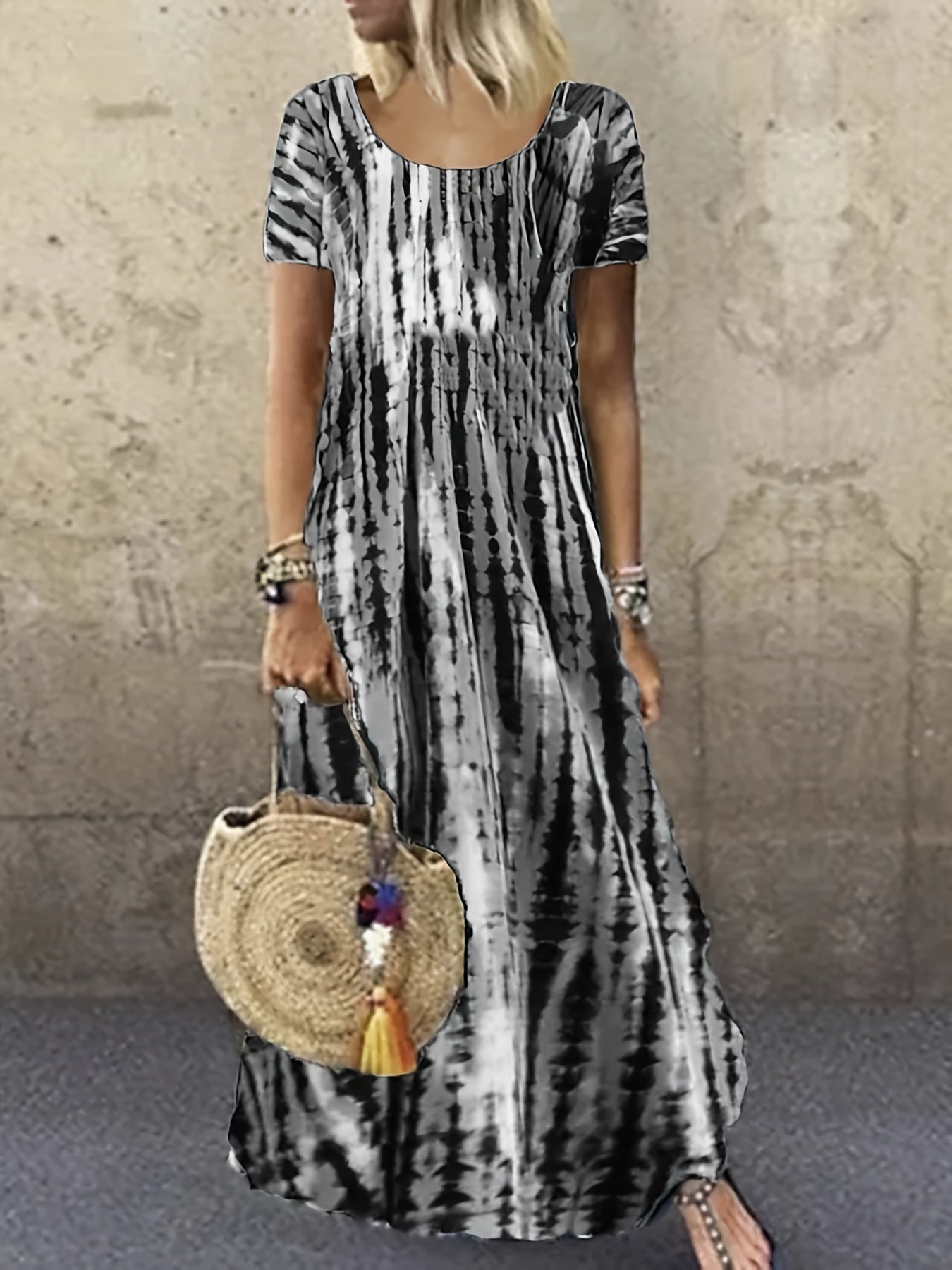Tie Dye Striped Casual Crew Neck Short Sleeve Ankle Dress