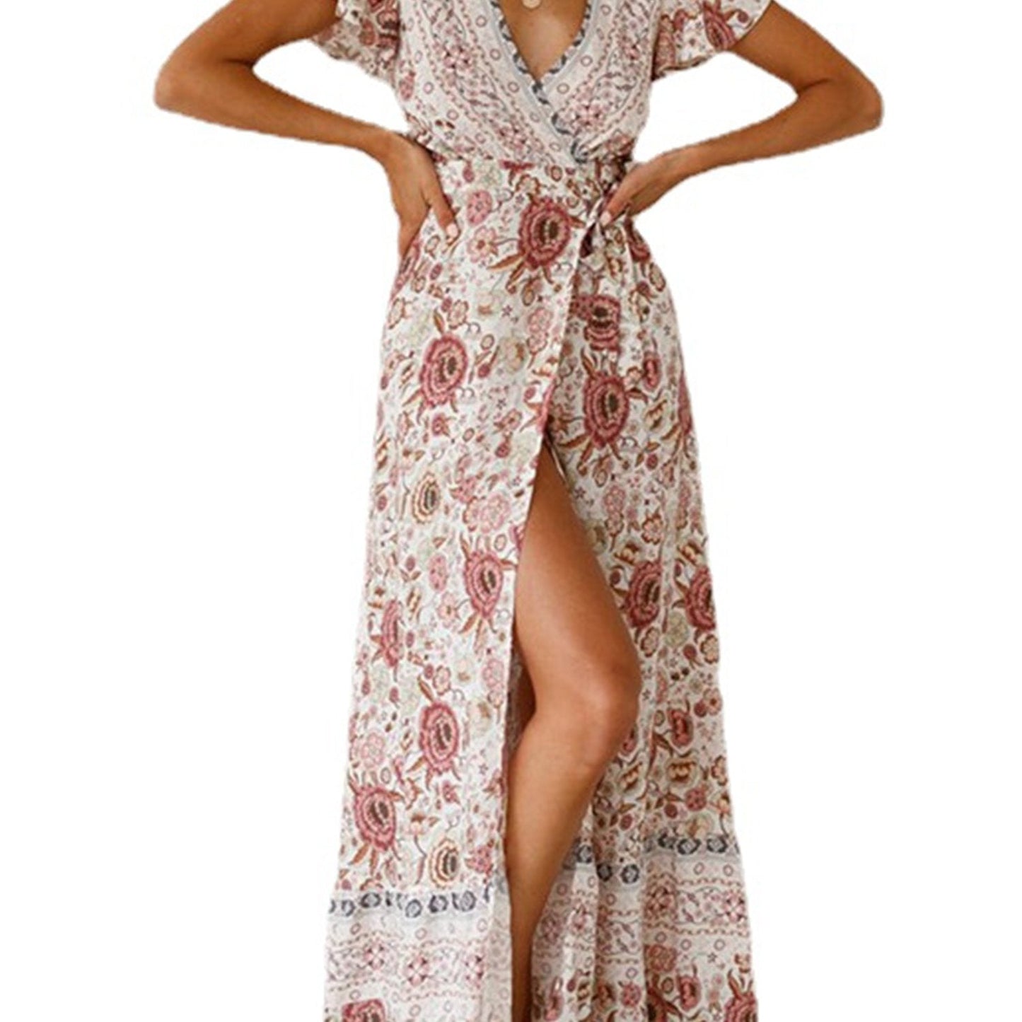 Floral Print Bohemian Maxi V Neck Short Sleeve Dress For Spring Summer