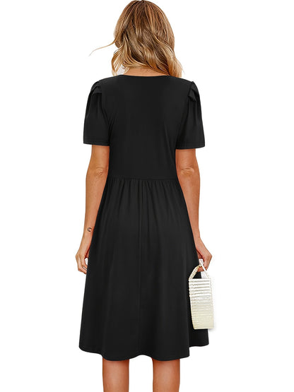Solid Crew Neck Short Sleeve Fake Buttons Casual High Waist Ruffled Hem Midi Dress