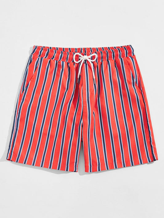 Men's Striped Beach Drawstring Shorts, Swim Trunks