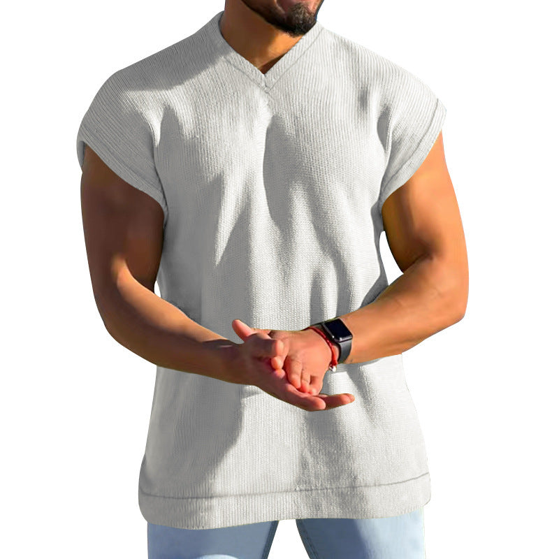 Men's summer v-neck solid color men's vest sleeveless casual loose short sleeves