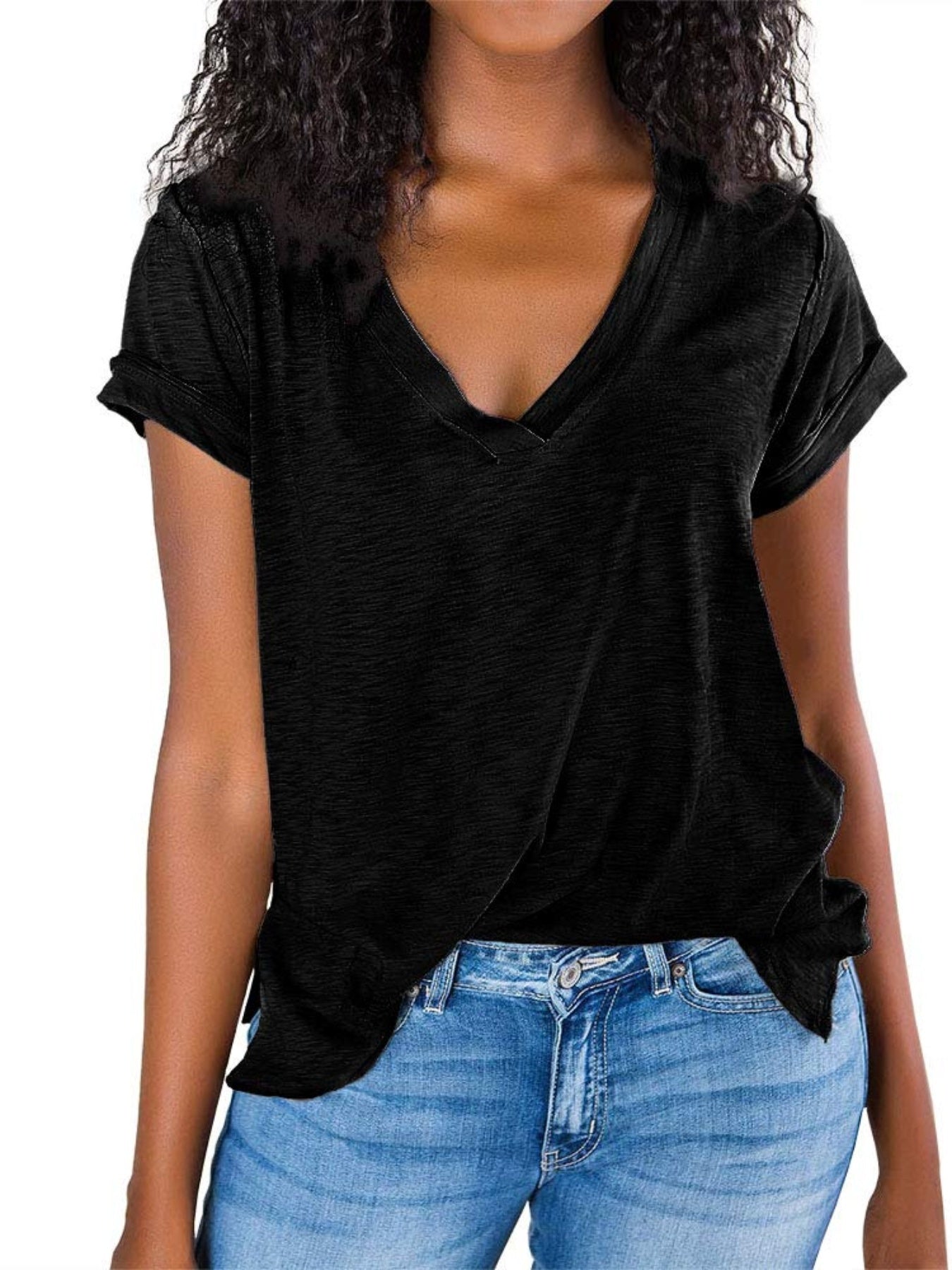 V Neck Side Slit Casual Loose Short Sleeve Fashion Summer T-Shirts Tops
