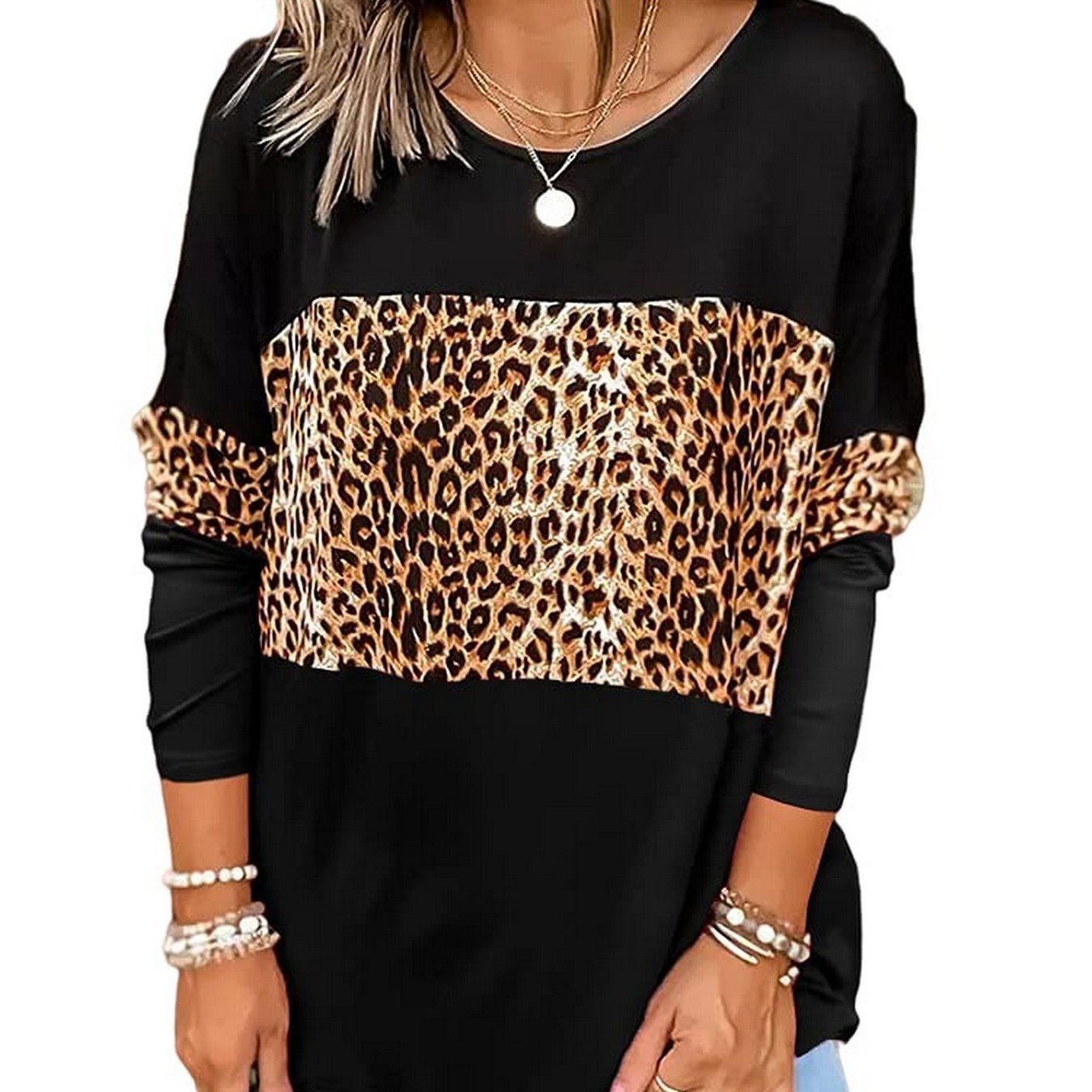 Casual Loose Leopard Round Neck Long Sleeve Color Block T-Shirt