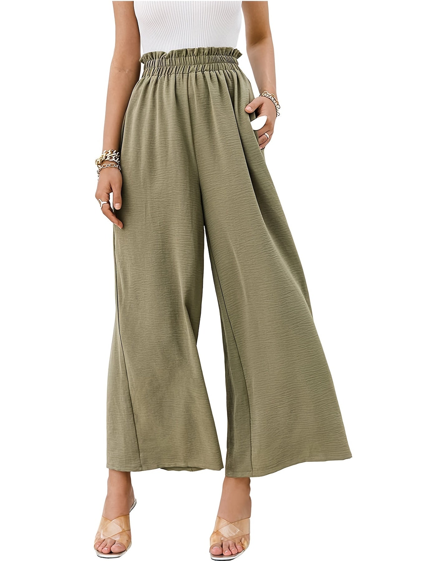 Solid Elastic Wide Leg High Waist Loose Pants With Pockets, Casual Every Day Pants