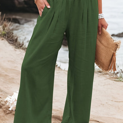 Solid Elastic Long Length Loose Vacation Casual Wide Leg Pants For Spring Summer