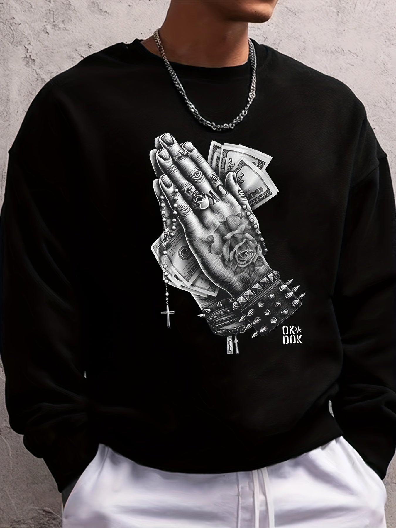 Men's Round Neck Long Sleeve Sweatshirt With Multi-pattern Vintage Print