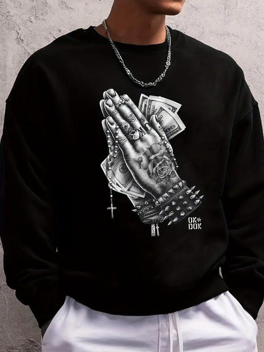 Men's Round Neck Long Sleeve Sweatshirt With Multi-pattern Vintage Print