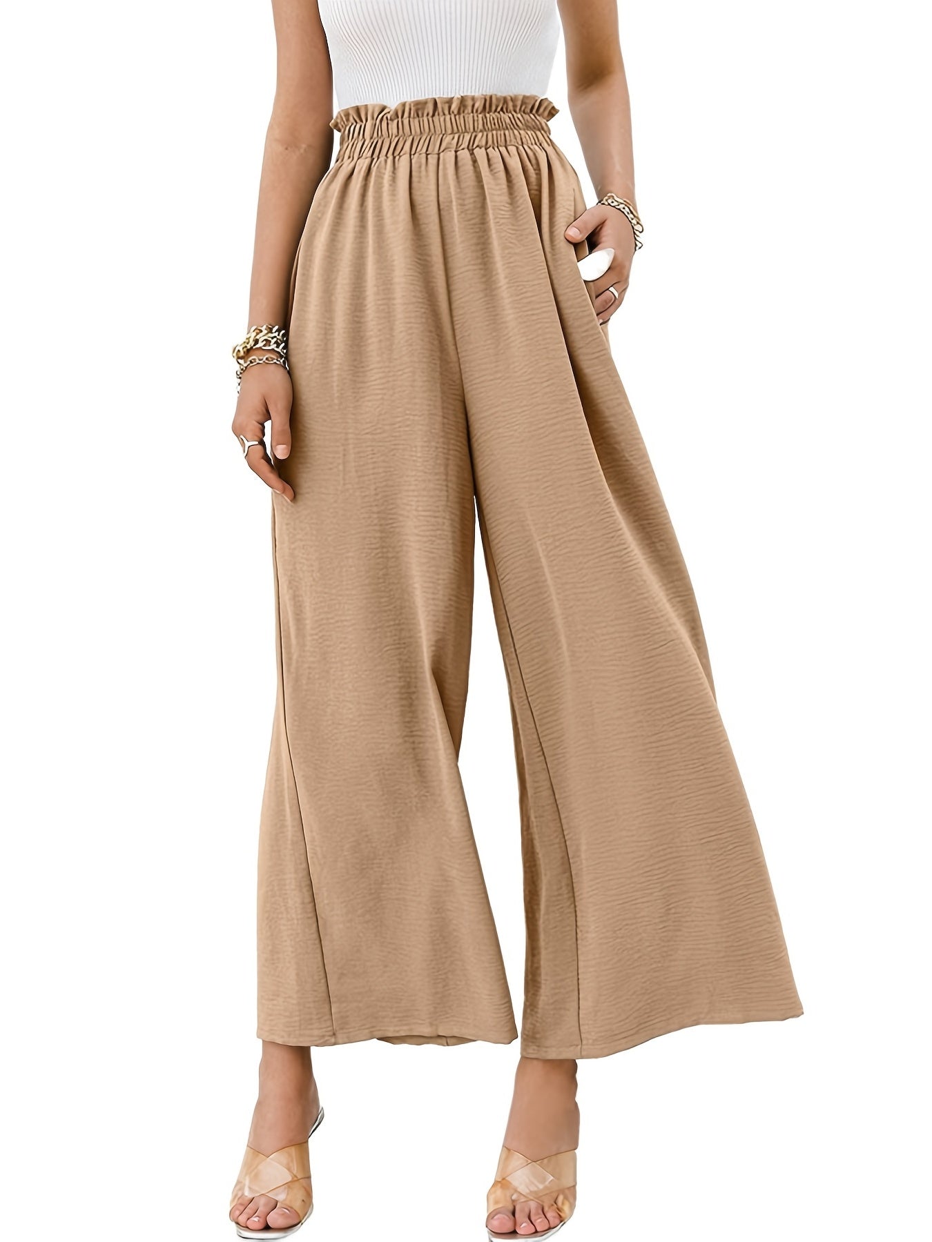 Solid Elastic Wide Leg High Waist Loose Pants With Pockets, Casual Every Day Pants