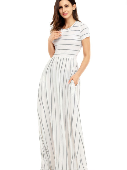 Blue Striped White Short Sleeve Maxi Dress
