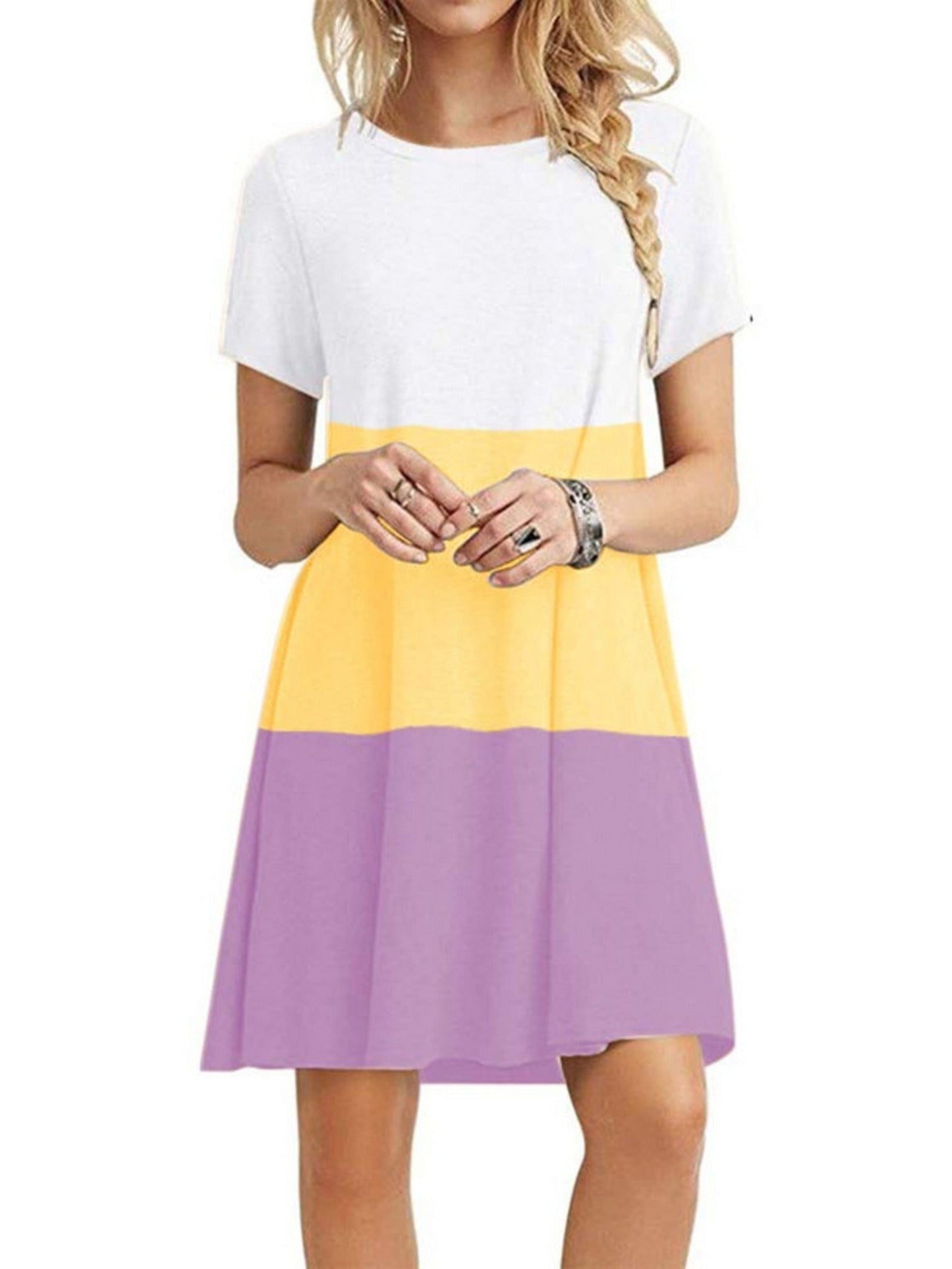 Women's Short Sleeve Crew Neck Swing Dress Color Block Summer Loose Casual A-line T-Shirt Dress