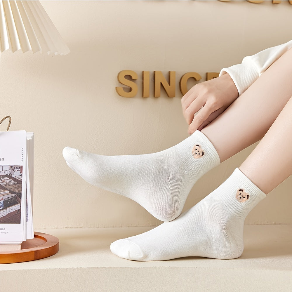 5 Pairs Soft Teddy Bear Embroidered Crew Length Sock Pack