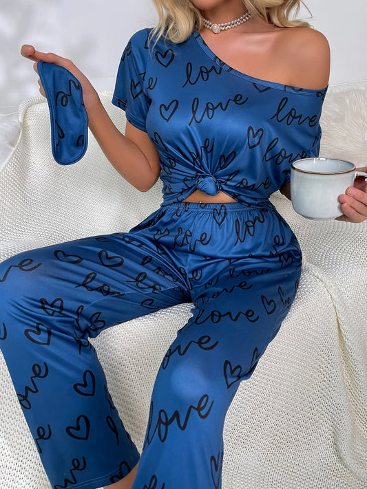 3pcs Soft Love Pattern Pajama Set Long Sleeve Tops Elastic Waist Straight Loose Pants With Eye Covering