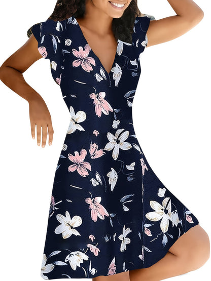 Floral Print V Neck Slim Short Sleeve Casual Every Day Dress For Fall Spring