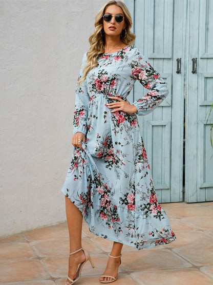 Floral Long Sleeve Maxi Long Sleeve Loose Crew Neck Casual Dresses For Spring Summer