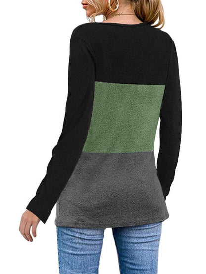 Color Block Long Sleeve Twist Neck T-shirts