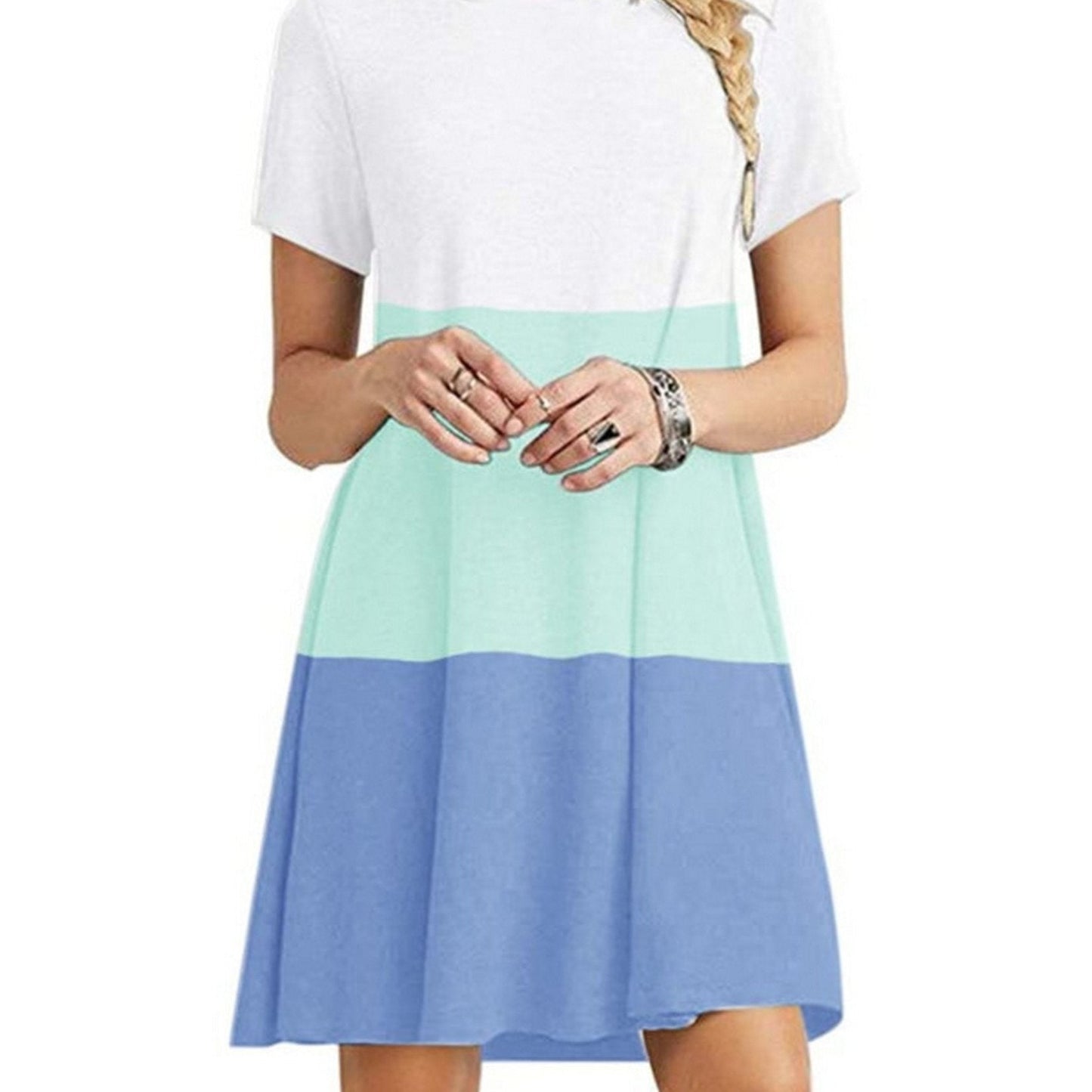 Women's Short Sleeve Crew Neck Swing Dress Color Block Summer Loose Casual A-line T-Shirt Dress