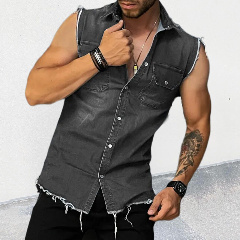 Men's lapel sleeveless cardigan top