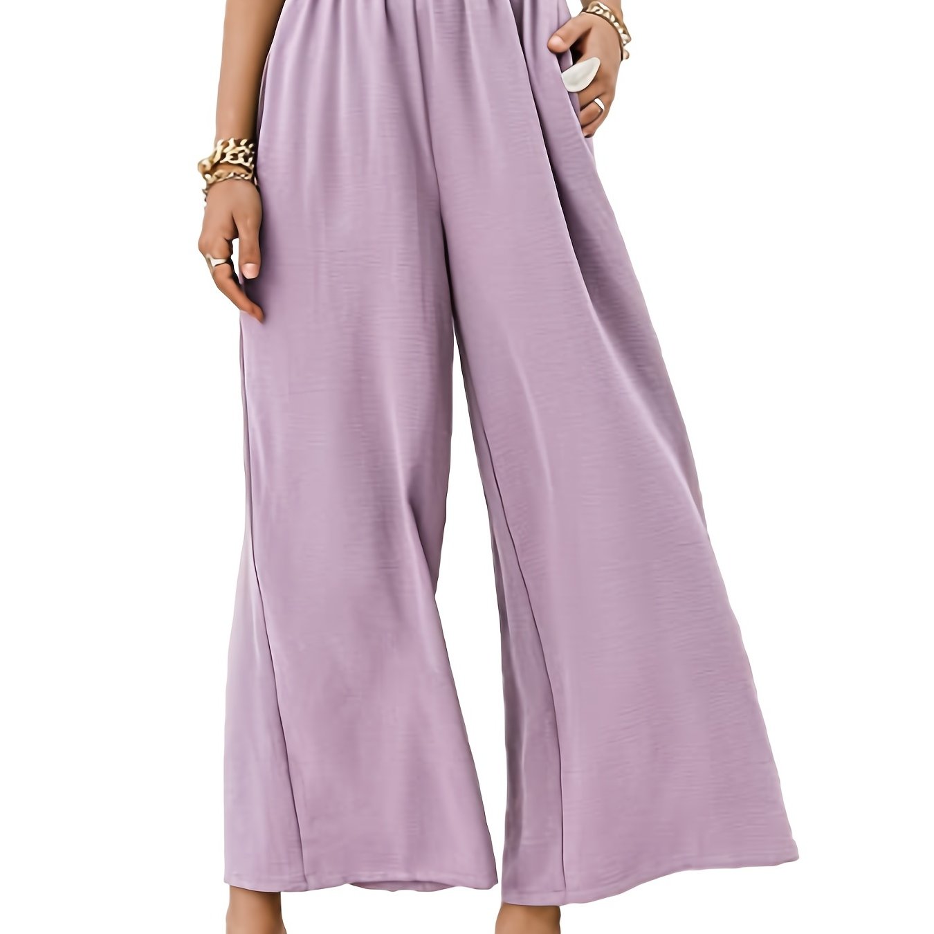 Solid Elastic Wide Leg High Waist Loose Pants With Pockets, Casual Every Day Pants