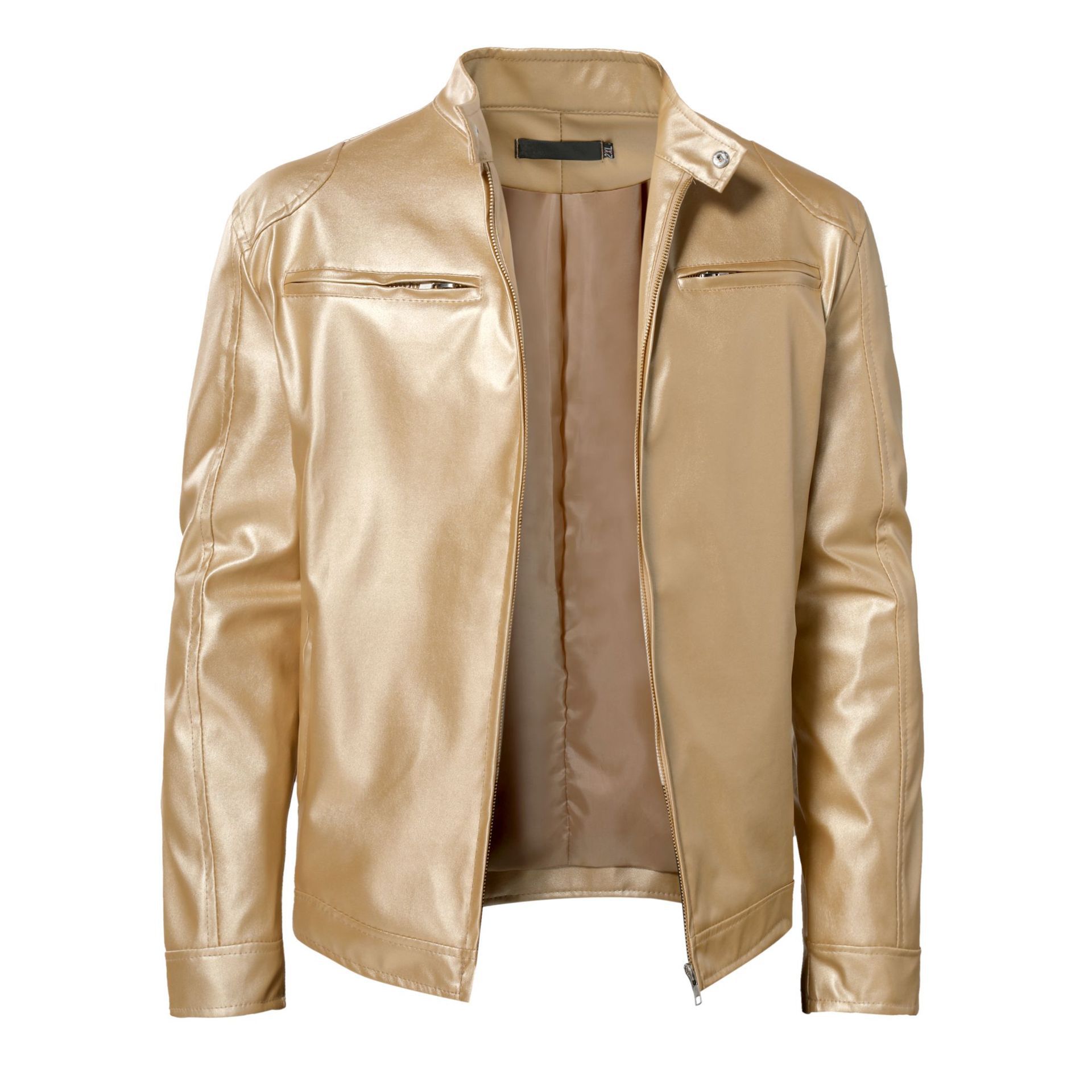 Men's warm zip cardigan pocket leather standing collar slim leather jacket