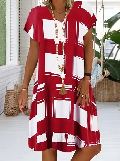Casual Geometric Print Short Sleeve V-neck Loose Fashion Summer Dresses