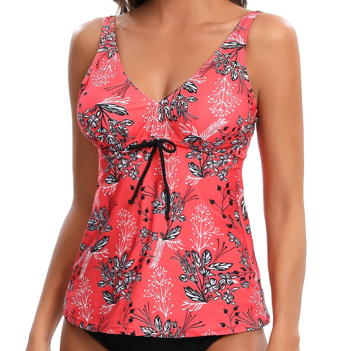 Random Print V Neck Tankini Sets Tie Front Stretchy Casual Beachwear High Cut 2 Pieces Swimsuit