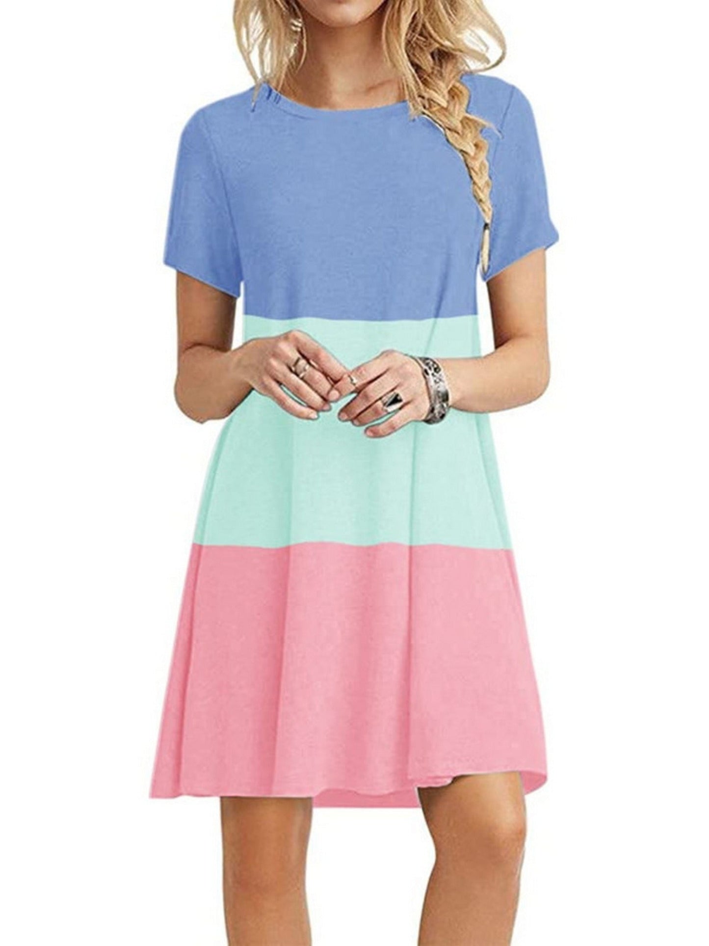 Women's Short Sleeve Crew Neck Swing Dress Color Block Summer Loose Casual A-line T-Shirt Dress