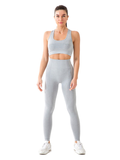 2PCS Workout Seamless Ribbed High Waist Leggings With Sports Bra Exercise Set